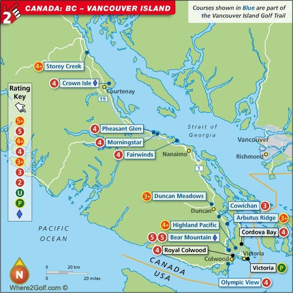 Karte von vancouver island, Golfplätze